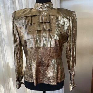 Vintage 1980s blouse, golden lame houndstooth & dots, Simon Chang, size 4 (S)